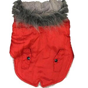 Dog Red Jacket Size Small Woof Pet 13 x 16 Puffer Hooded Grey  Lined Fur around